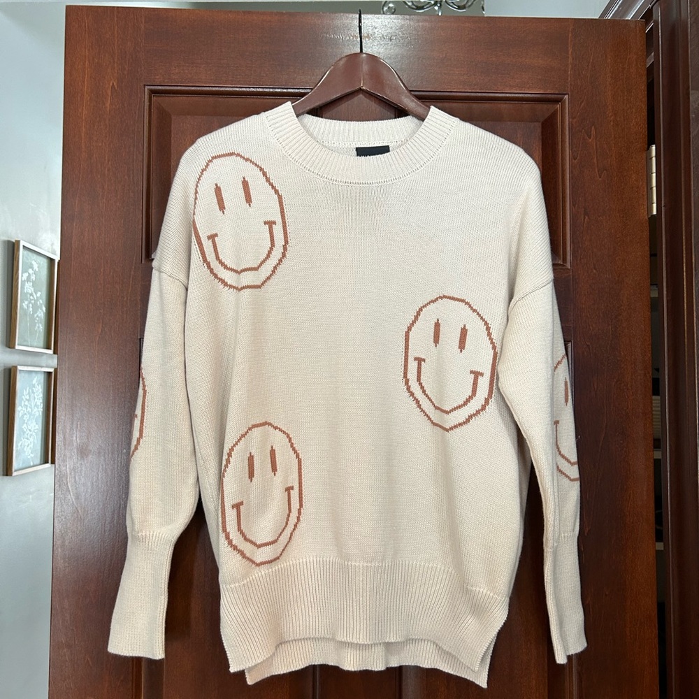 Miou Muse Smiley Face Knit Sweater Cream Neutral Oversized S